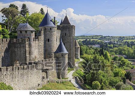 Picture - "Chateau Comtal, Medieval fortress of Carcassonne, Cite de Carcassonne, Carcassonne, Departement Aude, Languedoc-Roussillon, France, Europe". Fotosearch