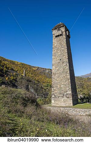 Stock Image - "Chechen watchtower in the chechen mountains near Itum Kale, Chechnya, Caucasus, Russia, Europe". Fotosearch