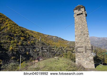 Stock Image - "Chechen watchtower in the chechen mountains, near Itum Kale, Chechnya, Caucasus, Russia, Europe". Fotosearch