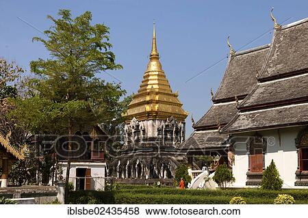 Stock Photo - "Chedi with elephant statues, Wat Chiang Man, Chiang Mai, Northern Thailand, Thailand, Asia". Fotosearch
