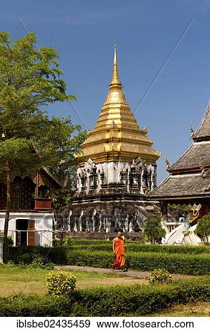 Stock Photo - "Chedi with elephant statues, Wat Chiang Man, Chiang Mai, Northern Thailand, Thailand, Asia". Fotosearch