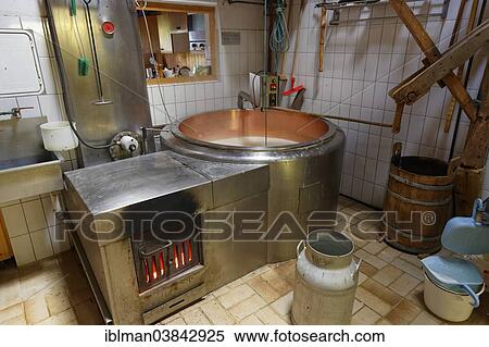 Stock Photography - "Cheese production in an Alpine dairy, Alpe Obere Falz alp near Schetteregg, Egg, Bregenz Forest, Vorarlberg, Austria, Europe". Fotosearch
