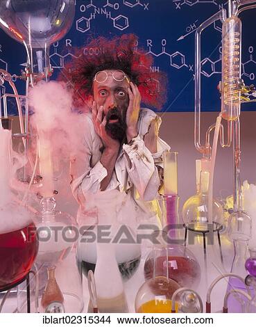 Picture - "Chemical laboratory, professor looking stunned after an experiment". Fotosearch