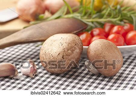 Chestnut mushrooms, plum tomatoes and garlic View Large Photo Image Stock Image - Chestnut mushrooms, plum tomatoes and garlic. Fotosearch