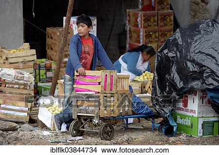 Picture - "Child labour, boy, 13 years, working as a porter at a market, Ayacucho, Ayacucho region, Peru, South America". Fotosearch