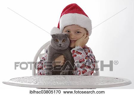 Child wearing a Santa Claus hat holding a gray cat View Large Photo Image Stock Image - Child wearing a Santa Claus hat holding a gray cat. Fotosearch