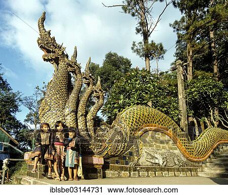 Stock Image - "Children at the Naga staircase, Wat Phra That Doi Suthep mountain temple, Chiang Mai, Northern Thailand, Thailand, Asia". Fotosearch