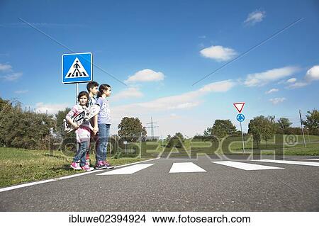 Picture - Children crossing a zebra crossing. Fotosearch