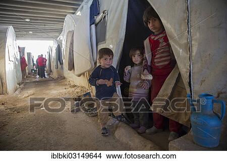 Picture - "Children in a camp for Syrian refugees of the civil war near the Turkish border, Bab al-Salameh, Azaz, Aleppo, Syria, Asia". Fotosearch