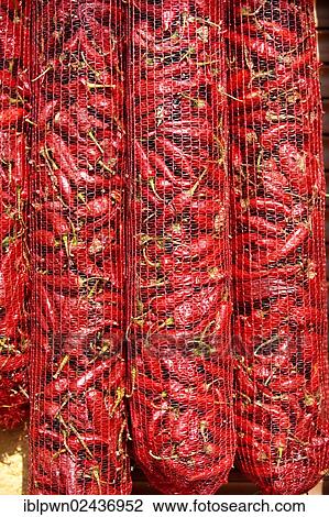 Stock Image - "Chili peppers (Capsicum annuum) drying to make Hungarian paprika, Kalocsa, Hungary, Europe". Fotosearch