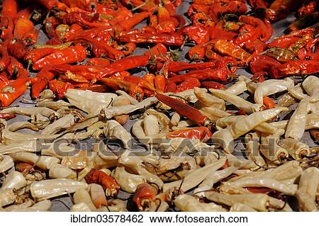 Stock Image - "Chili peppers laid out to dry, Trongsa, Trongsa District, Bhutan, Asia". Fotosearch