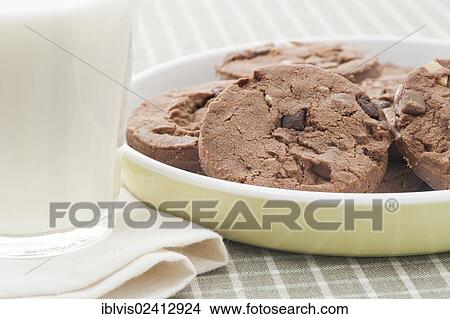 Chocolate chip cookies and a glass of milk View Large Photo Image Picture - Chocolate chip cookies and a glass of milk. Fotosearch