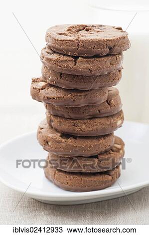 Stock Image - Chocolate chip cookies stacked on a plate. Fotosearch