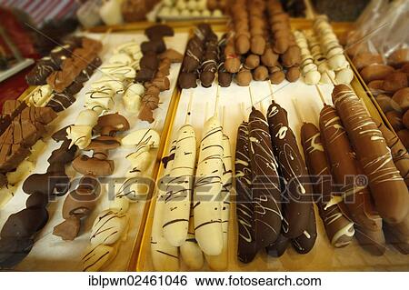 Stock Photograph - "Chocolate-coated fruits, Christmas market, Nuernberg, Bavaria, Germany, Europe". Fotosearch