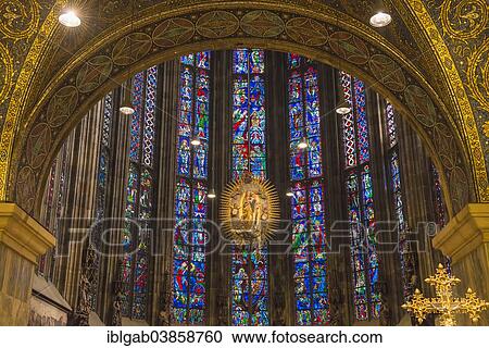 Stock Image - "Choir Hall, stained-glass windows, Aachen Cathedral, Unesco World Heritage Site, North Rhine-Westphalia, Germany, Europe". Fotosearch
