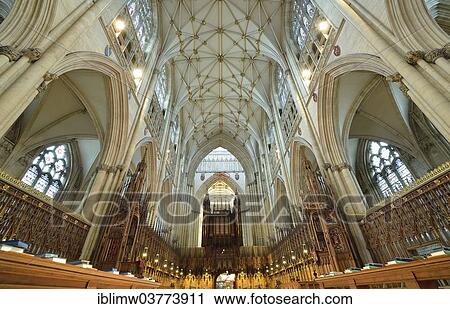 Stock Image - "Choir, organ by Elliott and Hill, net vault, York Minster, York, North Yorkshire, England, United Kingdom, Europe". Fotosearch