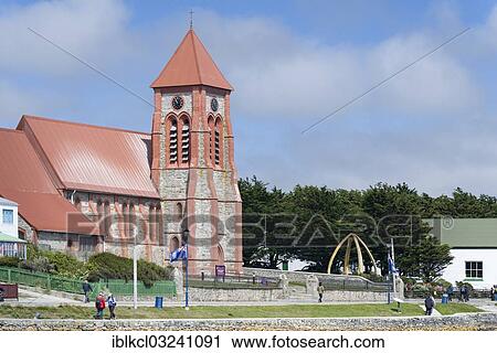 Stock Image - "Christ Church Cathedral and Whalebone Arch, Stanley promenade, Stanley, Ostfalkland, Falkland Islands, South America". Fotosearch