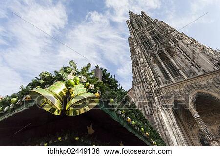 Stock Photograph - "Christmas decoration with bells, Christmas market, Ulm Cathedral, Munsterplatz, Ulm, Baden-Wuerttemberg, Germany, Europe". Fotosearch
