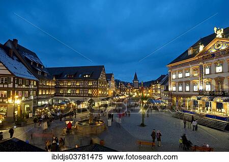 Stock Photography - "Christmas market at dusk, Gengenbach, Ortenau, Black Forest, Baden-Wurttemberg, Germany, Europe". Fotosearch