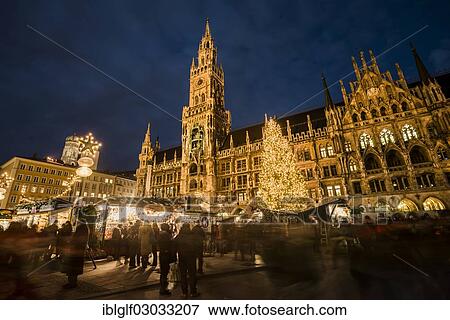 Stock Photo - "Christmas market at Marienplatz square with the town hall and a Christmas tree, historic center, Munich, Upper Bavaria, Bavaria, Germany, Europe". Fotosearch