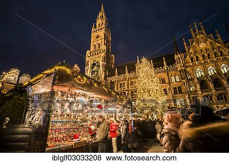 Stock Photo - "Christmas market at Marienplatz square with the town hall and a Christmas tree, historic center, Munich, Upper Bavaria, Bavaria, Germany, Europe". Fotosearch