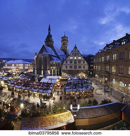 Stock Photo - "Christmas market in front of the Collegiate Church, Stuttgart, Baden-Wurttemberg, Germany, Europe". Fotosearch