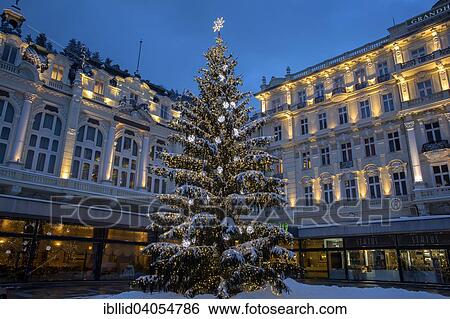Stock Photograph - "Christmas tree in front of Hotel Pupp, Karlovy Vary, Karlovy Vary Region, Bohemia, Czech Republic, Europe". Fotosearch