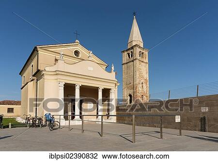 Stock Image - "Church and bell tower, Campanile of Blessed Virgin of Angel, Santuario della Madonna dell'Angelo, Caorle, Veneto, Italy, Europe". Fotosearch