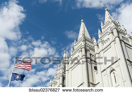 "Church of Jesus Christ of Latter Day Saints, Mormons, Salt Lake Temple, national flag and flag of the State of Utah, Capitol Hill, Salt Lake City, Utah, Western United States, USA, United States of America, North America" View Large Photo Image Stock Photo - "Church of Jesus Christ of Latter Day Saints, Mormons, Salt Lake Temple, national flag and flag of the State of Utah, Capitol Hill, Salt Lake City, Utah, Western United States, USA, United States of America, North America". Fotosearch