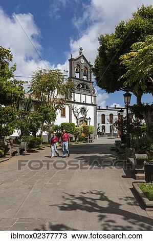 Stock Image - "Church of San Roque, Plaza de San Roque, Firgas, Gran Canaria, Canary Islands, Spain, Europe, PublicGround, Europe". Fotosearch