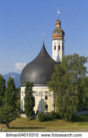 Stock Photography - "Church of St. Johann Baptist and Heiligkreuz, Westerndorf, Rosenheim, Upper Bavaria, Bavaria, Germany, Europe". Fotosearch