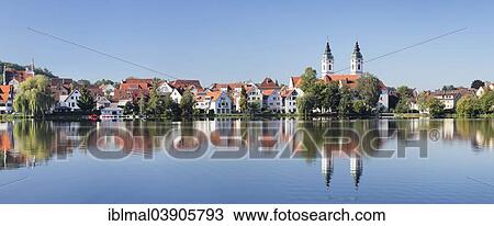 Stock Image - "Church of St Peter on lake Stadtsee, Bad Waldsee, Upper Swabia, Baden-Wurttemberg, Germany, Europe". Fotosearch
