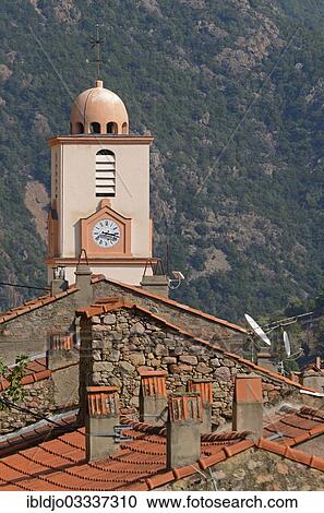 Stock Image - "Church of the small village of Ota in the mountains of Corsica, Ota, Corsica, France, Europe". Fotosearch