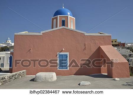 Stock Photo - "Church with a blue dome, typical Cycladic architecture, Oia, Santorini, Cyclades, Greek Islands, Greece, Europe". Fotosearch