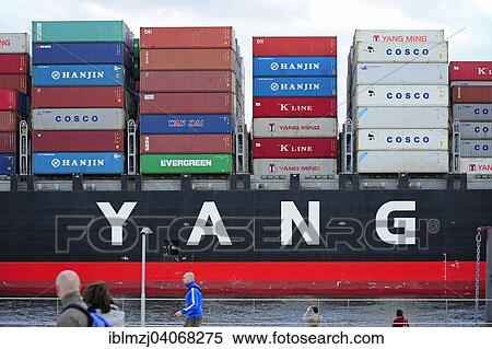 "Cinesisches ship """"Yang"""" loaded with containers, port of Hamburg on the Elbe, Hamburg, Germany, Europe" View Large Photo Image Stock Photography - "Cinesisches ship """"Yang"""" loaded with containers, port of Hamburg on the Elbe, Hamburg, Germany, Europe". Fotosearch