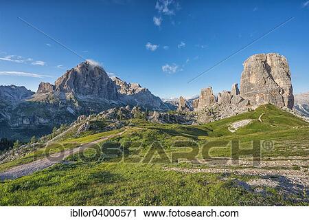 "Cinque Torri and Monte Averau with blue sky, Dolomites, Veneto, Italy, Europe" View Large Photo Image Stock Image - "Cinque Torri and Monte Averau with blue sky, Dolomites, Veneto, Italy, Europe". Fotosearch
