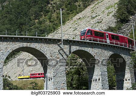 Stock Image - "Circular viaduct of Brusio, Rhaetian Railway, Bernina Express, Brusio, Canton of Graubunden, Switzerland, Europe". Fotosearch