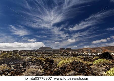"Cirrus clouds over volcanic landscape, Orzola, Lanzarote, Canary Islands, Spain, Europe" View Large Photo Image Stock Photo - "Cirrus clouds over volcanic landscape, Orzola, Lanzarote, Canary Islands, Spain, Europe". Fotosearch