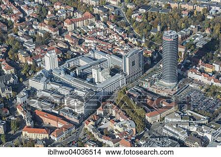 Picture - "City center with Jentower, Jenoptik company and Goethegalerie shopping mall, Jena, Thuringia, Germany, Europe". Fotosearch
