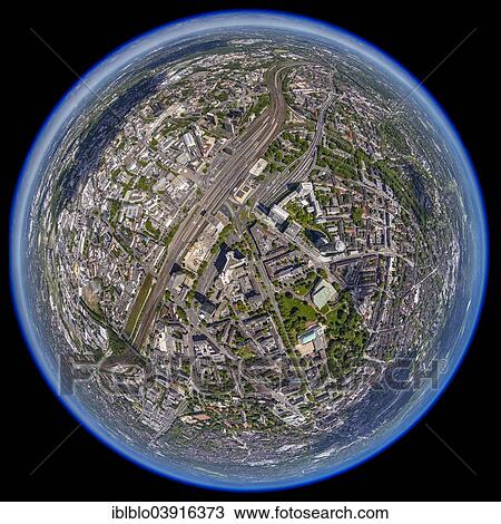 Stock Image - "City centre of Essen with the railway station, fisheye, Essen, Ruhr district, city district I, North Rhine-Westphalia, Germany, Europe". Fotosearch