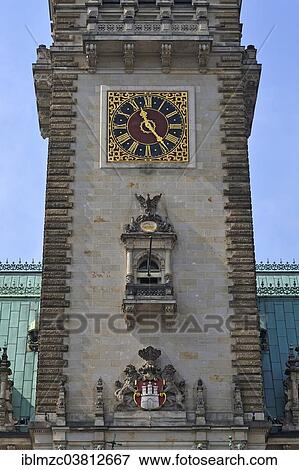 "City coat of arms and clock on the tower, City Hall, Hamburg, Germany, Europe" View Large Photo Image Stock Photo - "City coat of arms and clock on the tower, City Hall, Hamburg, Germany, Europe". Fotosearch