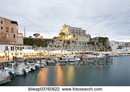 Stock Image - "City hall and harbour, Ciutadella, Minorca, Balearic Islands, Spain, Europe". Fotosearch