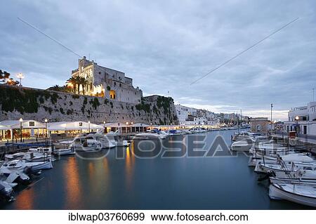 Stock Photo - "City hall and harbour, Ciutadella, Minorca, Balearic Islands, Spain, Europe". Fotosearch