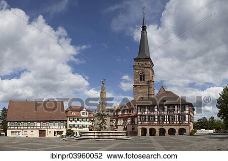 Stock Image - "City Hall, Evangelical Lutheran Church of St. Johannis and St. Martin, Schoner Brunnen fountain, Konigsplatz square, Schwabach, Middle Franconia, Bavaria, Germany, Europe". Fotosearch