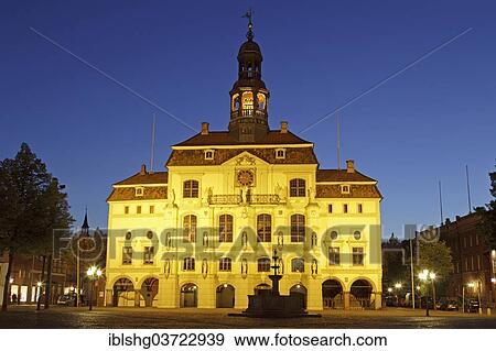 Stock Photo - "City Hall in the evening, historic center, Luneburg, Lower Saxony, Germany, Europe". Fotosearch