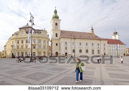 "City Hall, left, baroque Jesuit church, right, Main Square, Sibiu, Transylvania, Romania, Europe" View Large Photo Image Stock Image - "City Hall, left, baroque Jesuit church, right, Main Square, Sibiu, Transylvania, Romania, Europe". Fotosearch