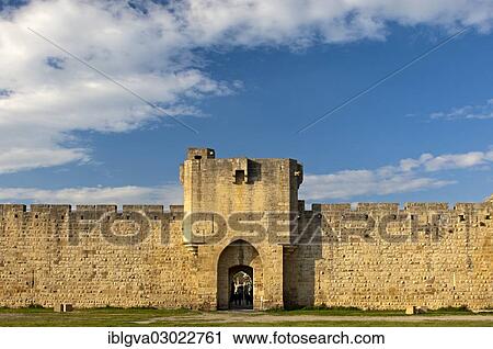Stock Image - "City wall with a city gate, exterior, Aigues-Mortes, Region Languedoc-Roussillon, France, Europe". Fotosearch