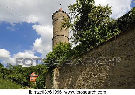 Stock Photograph - "City walls and Green Tower, watchtower and prison tower, early 15th century, Dinkelsbuhl, Middle Franconia, Bavaria, Germany, Europe". Fotosearch