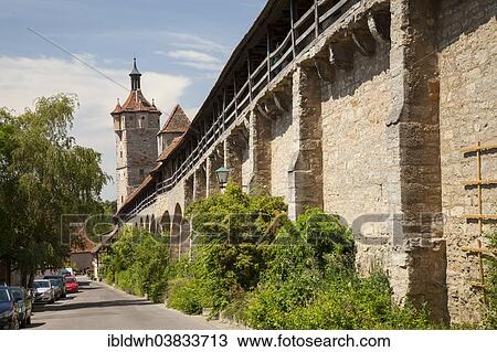 Stock Image - "City walls, Rothenburg ob der Tauber, Tauber Valley, Franconia, Bavaria, Germany, Europe". Fotosearch