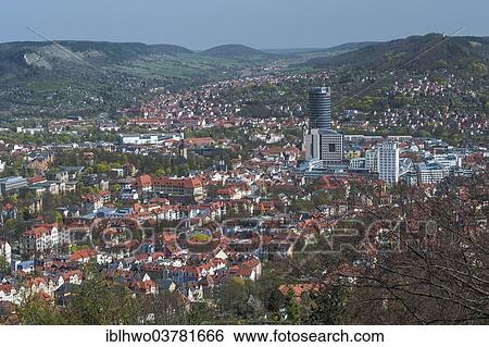Stock Photograph - "Cityscape and Saale valley with limestone slopes, Jena, Thuringia, Germany, Europe". Fotosearch